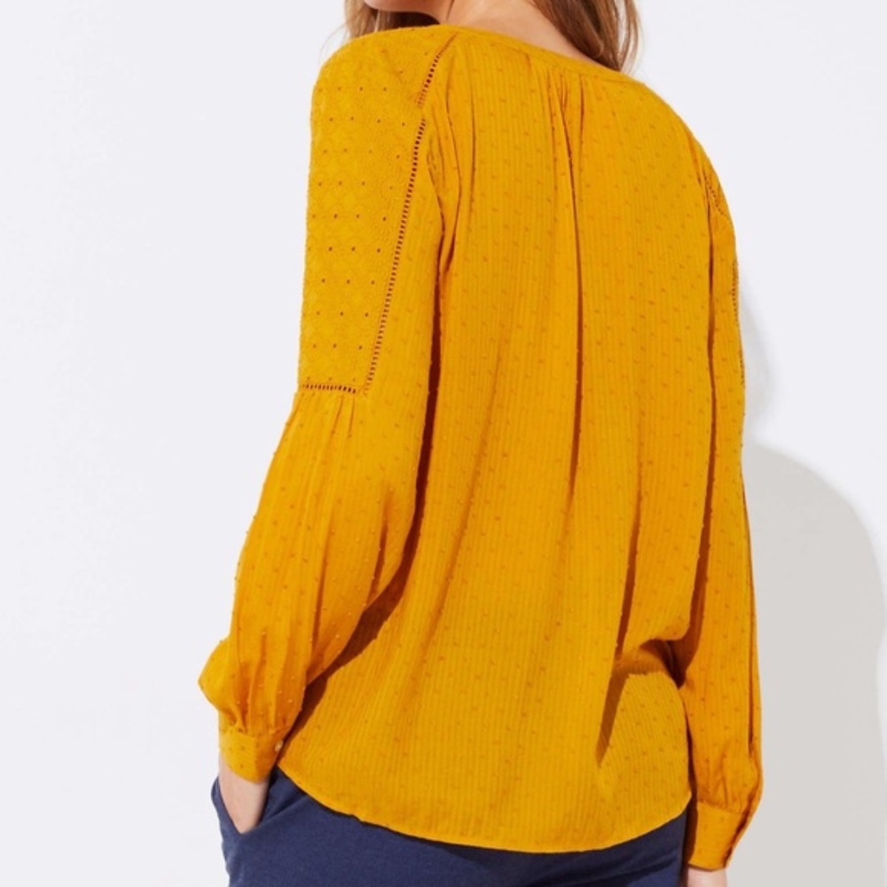 LOFT Aztec Gold Top Pullover Cutout Swiss Dot /Clip Dot Split Neck Long Sleeves - Picture 2 of 7